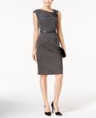 Connected Asymmetrical Belted Rosette Sheath Dress