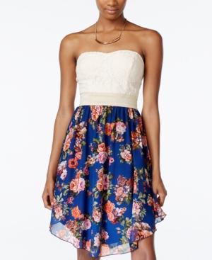 City Studios Juniors' Strapless Lace Printed Dress