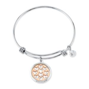 Disney's Two-tone Crystal Mickey Mouse Glass Shaker Adjustable Bangle Bracelet In Stainless Steel For Unwritten