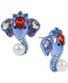 Betsey Johnson Blue-tone Multi-stone & Imitation Pearl Elephant Button Earrings