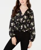 Bebop Juniors' Printed Smocked-waist Satin Blouse