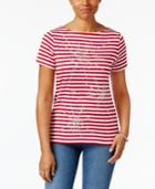 Karen Scott Petite Cotton Embellished Striped Top, Only At Macy's