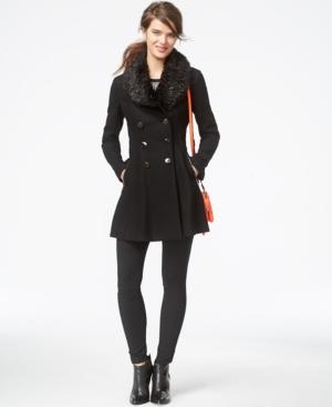 Guess Faux-fur-collar Flared Peacoat