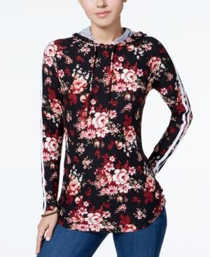 Ultra Flirt Juniors' Floral-print Striped-trim Hoodie