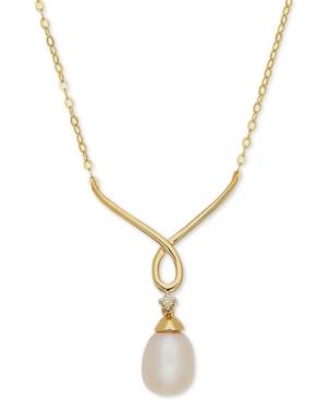 Cultured Freshwater Pearl (9mm X 7mm) & Diamond Accent 17 Pendant Necklace In 10k Gold