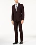 Nick Graham Men's Slim-fit Stretch Burgundy Windowpane Suit