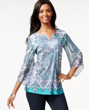 Jm Collection Printed Sheer-sleeve Top, Only At Macy's