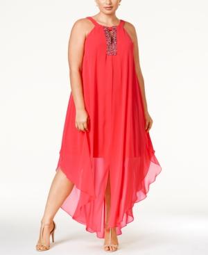 Betsy & Adam Plus Size Beaded Handkerchief-hem Dress