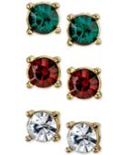 2028 Gold-tone Red, Green & Clear Trio Stud Earrings