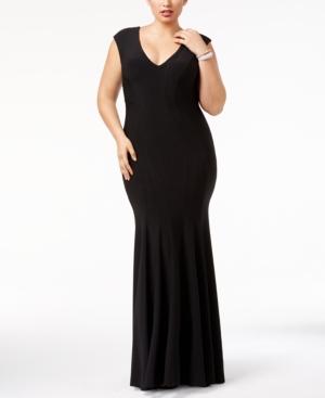 Betsy & Adam Plus Size Cap-sleeve Mermaid Gown
