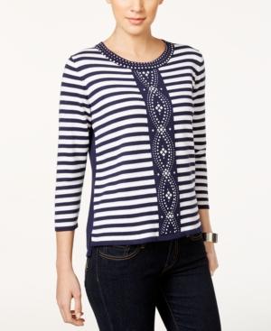 Alfred Dunner Petite Embellished Floral-print Keyhole Sweater