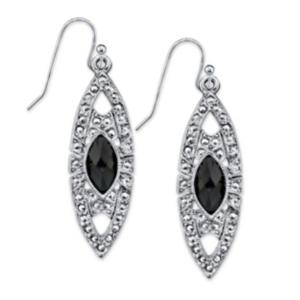 2028 Silver-tone Black Stone Marcasite-look Drop Earrings