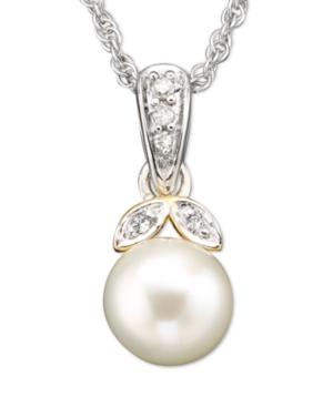 14k Gold And Sterling Silver Pendant, Cultured Freshwater Pearl And Diamond Accent