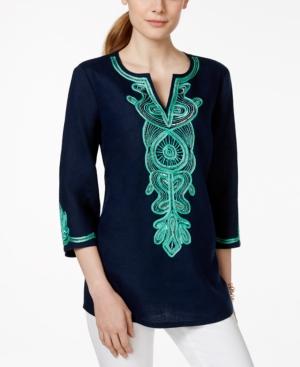 Charter Club Embroidered Split-neck Linen Tunic, Only At Macy's