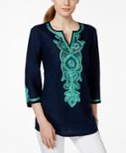 Charter Club Embroidered Split-neck Linen Tunic, Only At Macy's