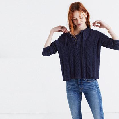 Madewell Lace-up Pullover Sweater In Cableknit