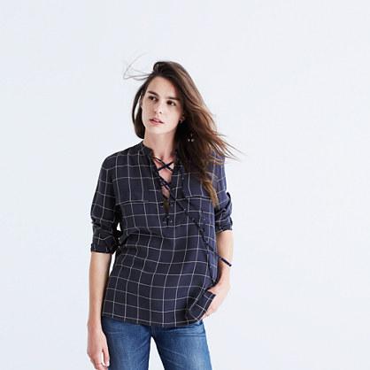 Madewell Silk Lace-up Shirt In Windowpane Plaid