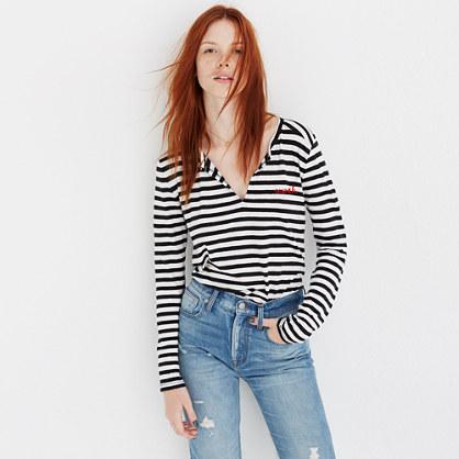 Madewell Embroidered Whisper Cotton Split-neck Tee In Estelle Stripe