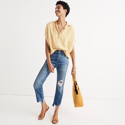 Madewell Central Ruched-sleeve Shirt In Gingham Check