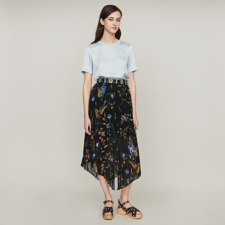 Maje Floral Print Pleated Midi Skirt
