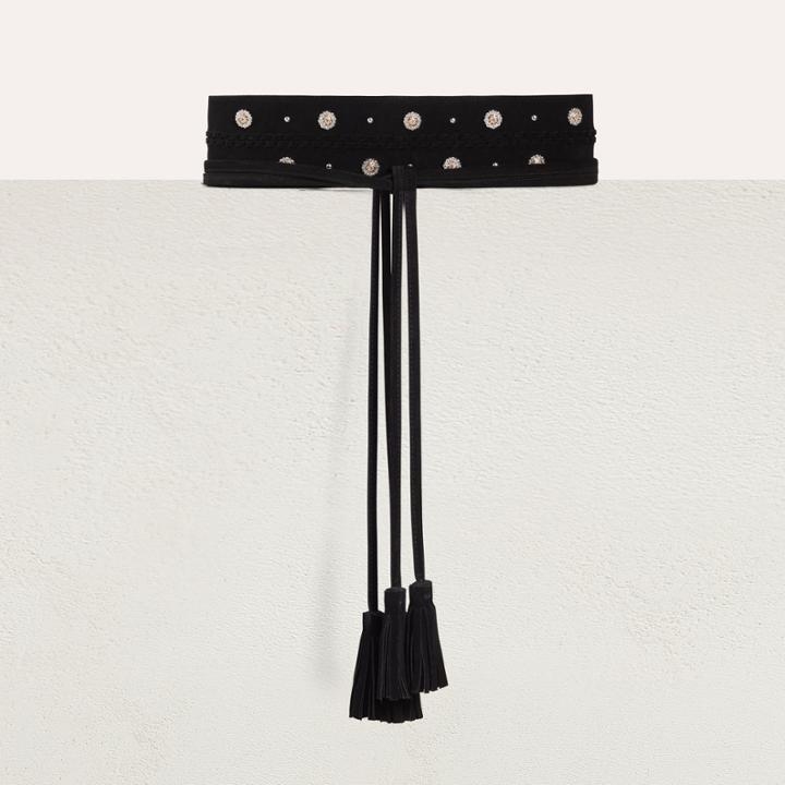 Maje High-waisted Suede Belt With Rhinestones