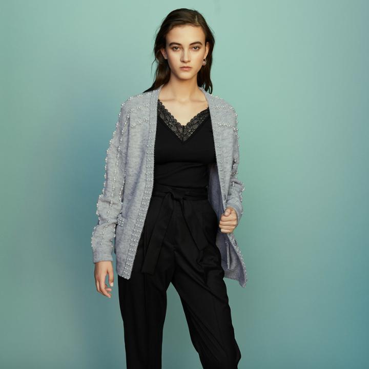 Maje Long Knit Jacket With Pearls
