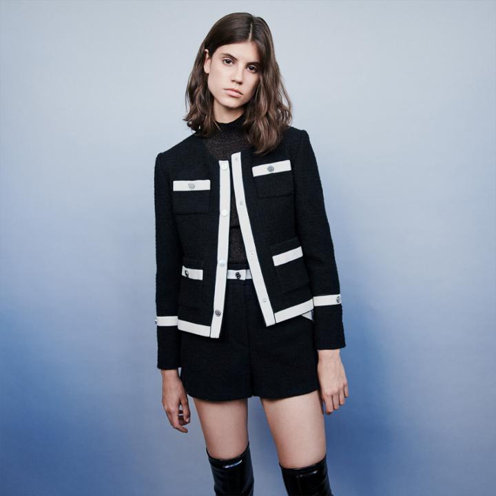 Maje Tweed-style Jacket With Contrast Stripes