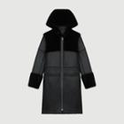 Maje Long Shearling Coat With Mixed Material