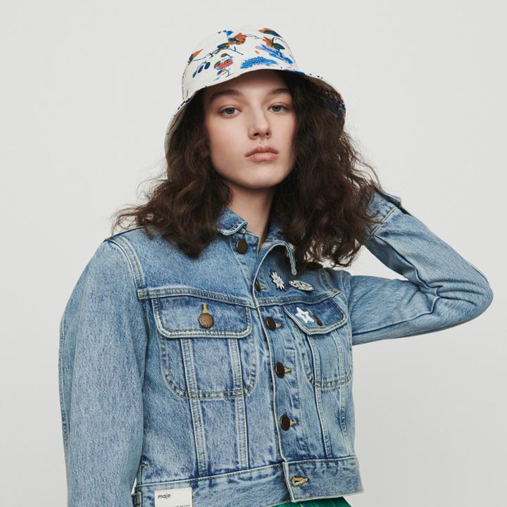 Maje Cropped Jacket In Denim With Pins