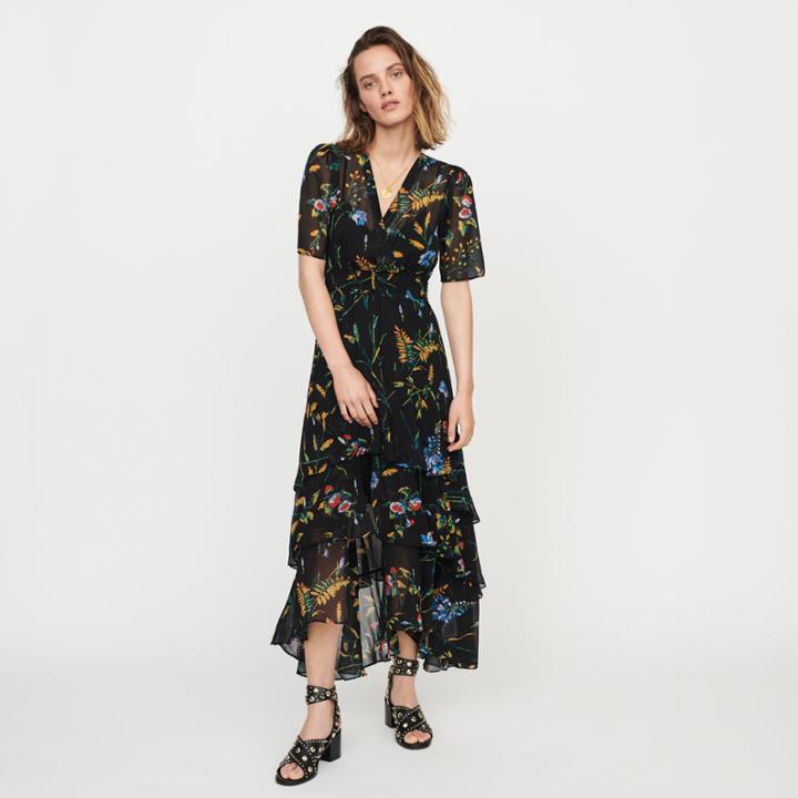 Maje Floral Maxi Dress With Ruffles