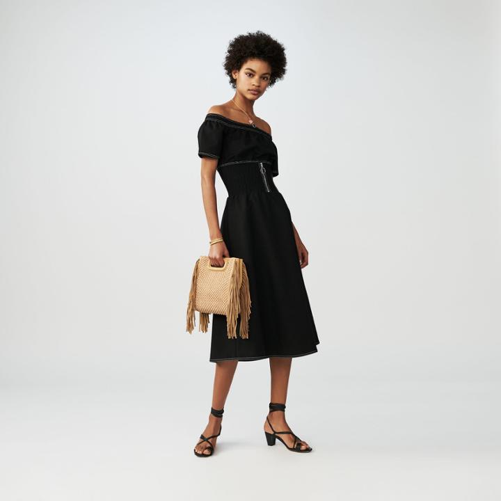 Maje Smocked Cold Shoulder Dress
