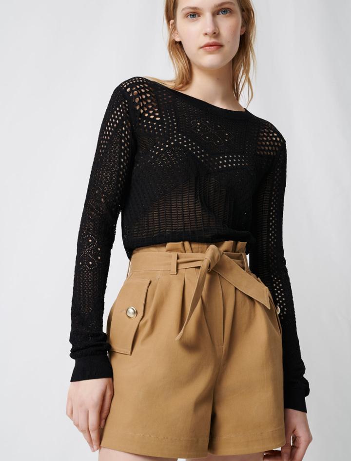 Maje Camel Cotton Canvas Belted Shorts