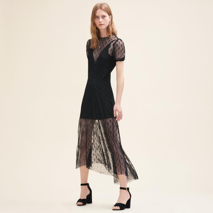 Maje Long Dress With Embroidery And Lace