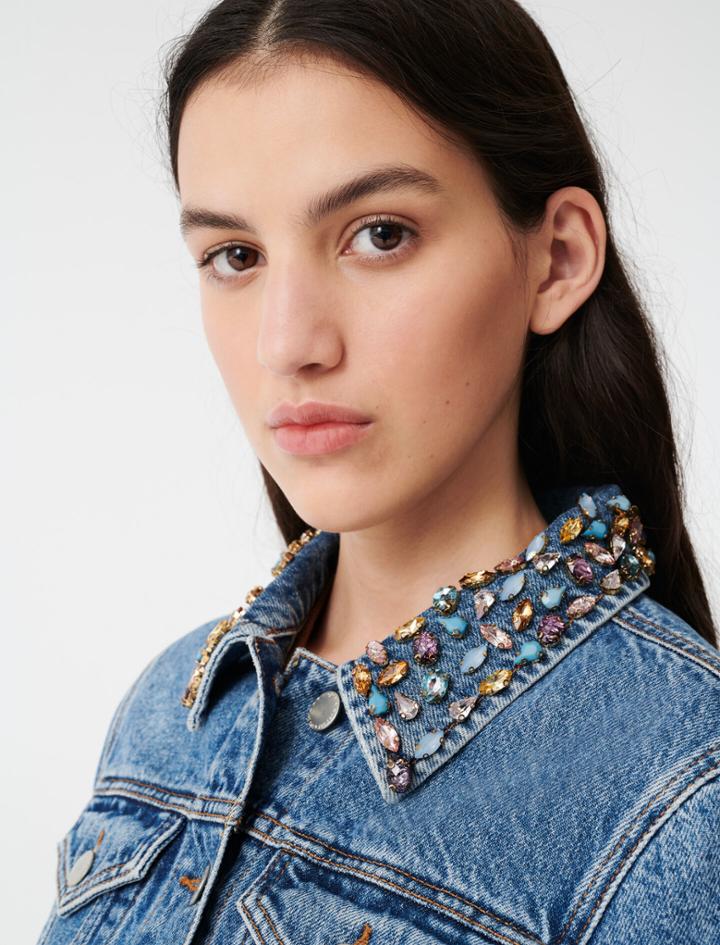 Maje Denim Jacket With Gem Collar