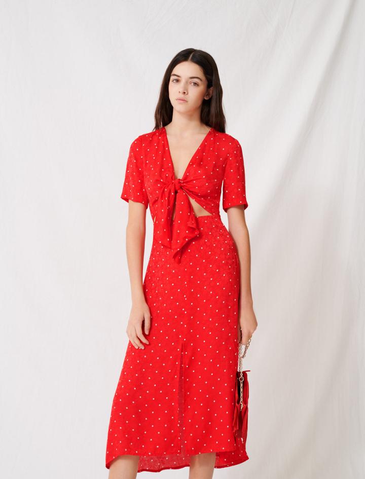 Maje Long Tie Dress With Polka Dot Print