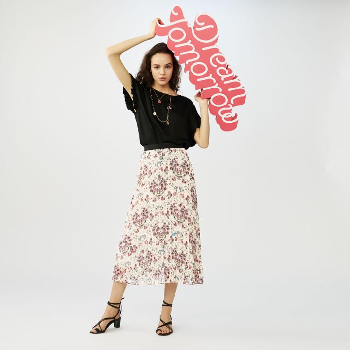 Maje Long Pleated Floral Print Skirt
