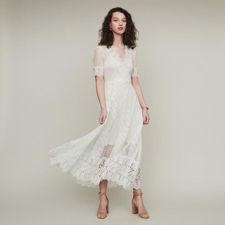Maje Long Swiss Dot Dress With Daisy Lace