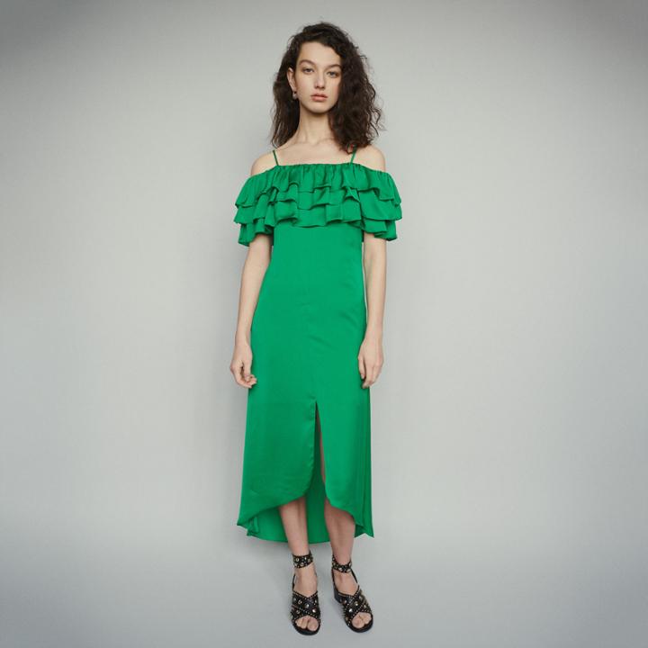 Maje Midi Dress With Thin Straps And Ruffles