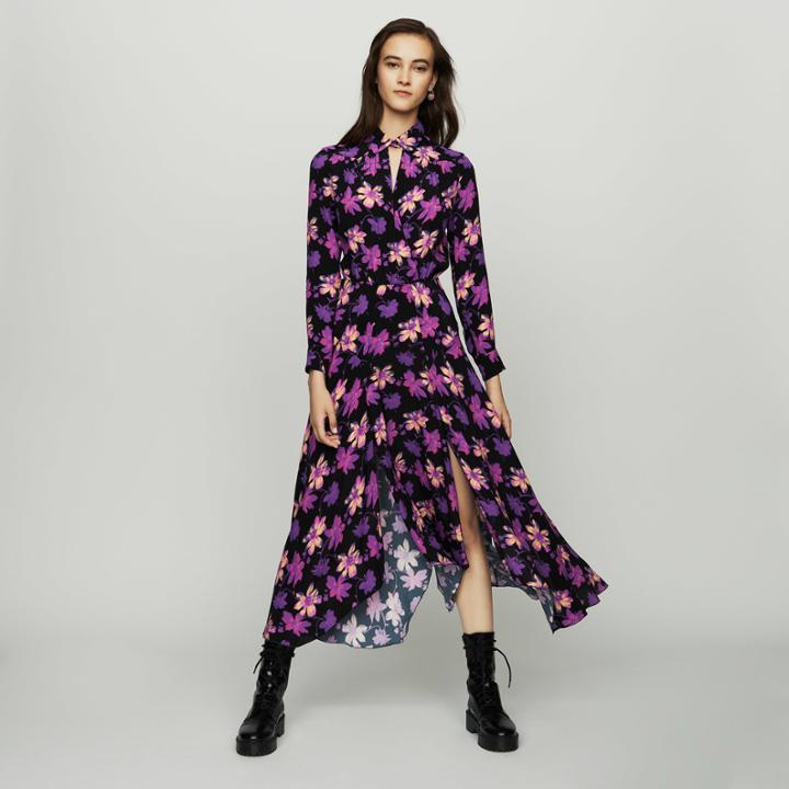 Maje Long Asymmetric Dress In Floral Print