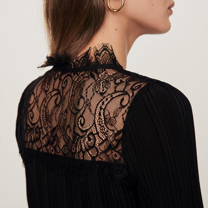 Maje Pleated Top With Lace Trim