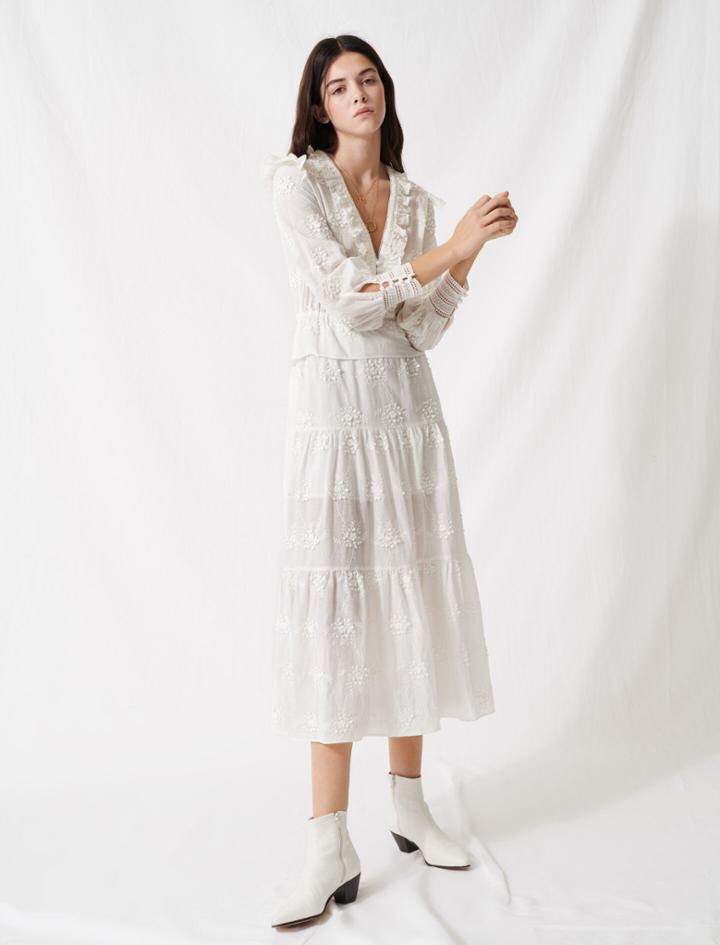 Maje Ecru Dress With Ruffles And Embroidery
