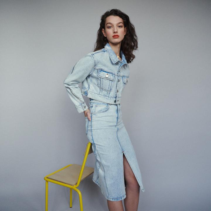Maje Long Skirt In Faded Denim