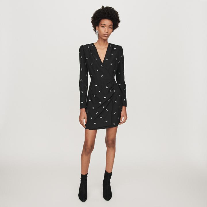 Maje Paisley Draped Dress With Rhinestones