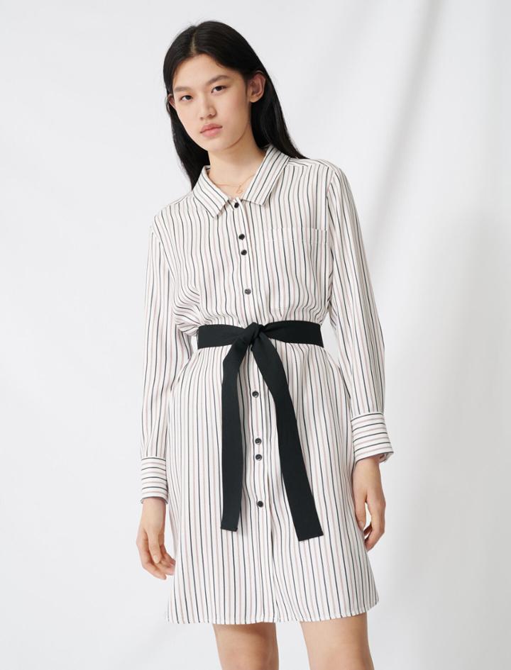 Maje Belted Pinstriped Shirt Dress