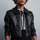 Maje Cropped Leather Jacket With Ruffles