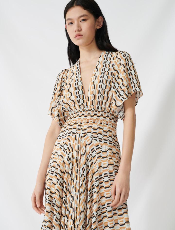 Maje Printed Scarf Dress With Smocked Waist