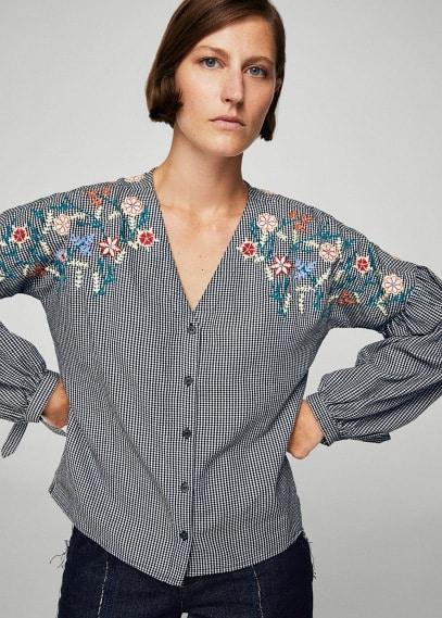 Mango Mango Floral Ebroidery Gingham Blouse