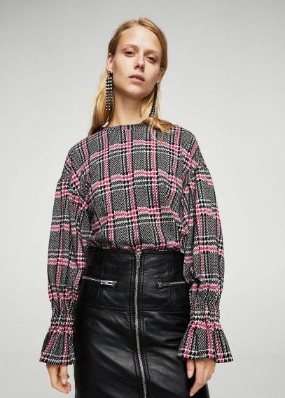 Mango Mango Puffed Sleeves Checked Sweater