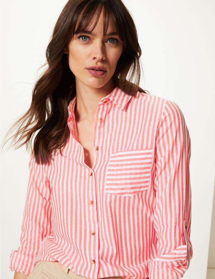 Marks & Spencer Pure Cotton Striped Shirt Orange Mix