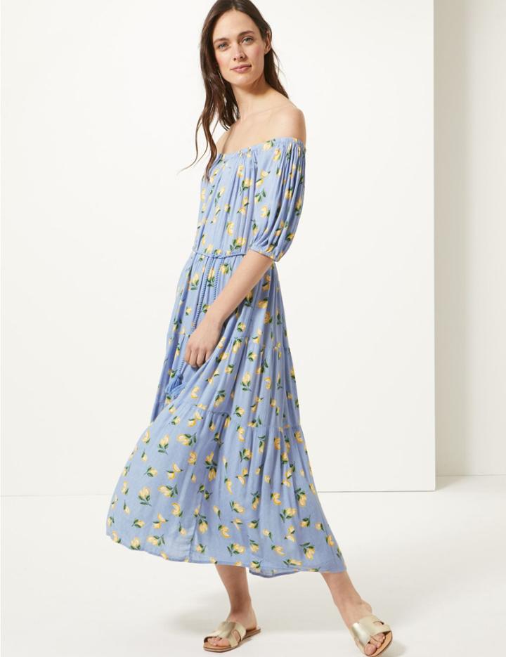 Marks & Spencer Printed Short Sleeve Waisted Midi Dress Blue Mix